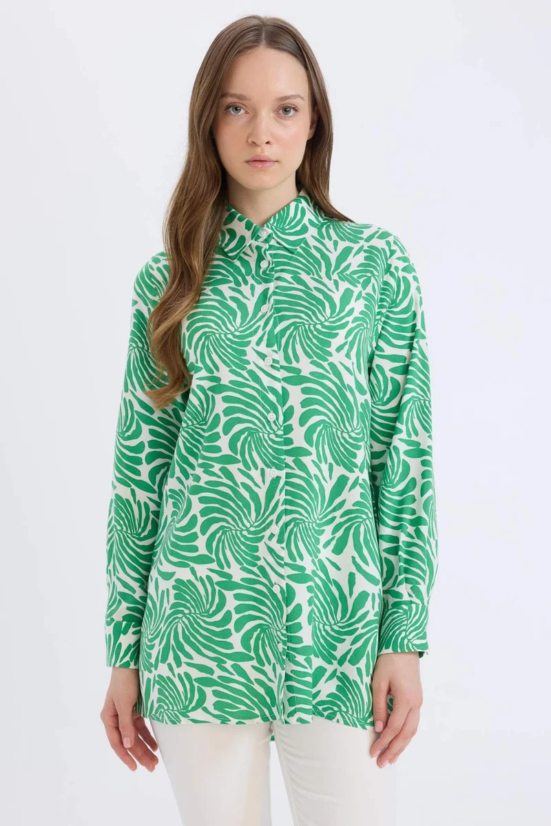 ديفاكتو Relax Fit Viscose Shirt Collar Printed Long Sleeve Tunic