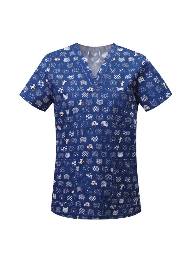 Loquat Womens Medical Scrubs Single Top Medical Uniform Single Printed Top Pattern Print on Blue Background - Image 1