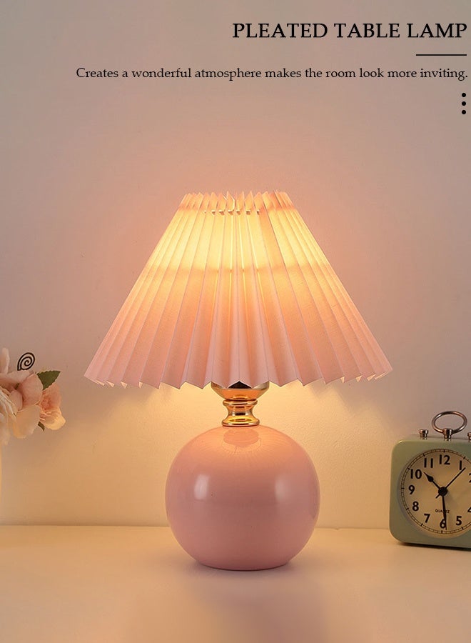 DUNISO مصباح طاولة صغير بأسلوب نوردك الحديث، مصابيح سرير خزفية مع ظل مصباح وردي مجعد، مصابيح طاولة بجانب السرير مع مفتاح خافت USB، مناسبة لغرفة النوم، غرفة المعيشة، المقهى، المصباح - Image 3