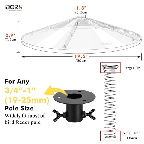 iBorn Spring Squirrel Baffle for Bird Feeder Pole 195 Oversized Spring Squirrel Guard Defender Bird Feeder for Outdoors Protector Metal Spring Buckle PolycarbonatePC Baffle Pack of 1Clear - Image 3