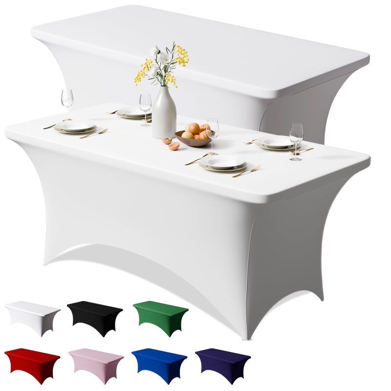Trlyc 2 Pack 6FT Spandex Table Cloth - 72 x 30 Inch Rectangular Stretch Tablecloth, Wrinkle Resistant Scretch Table Cover for Wedding, Party, Banquet, Picnic, Outdoor Decoration (2Pcs,White) - Image 1