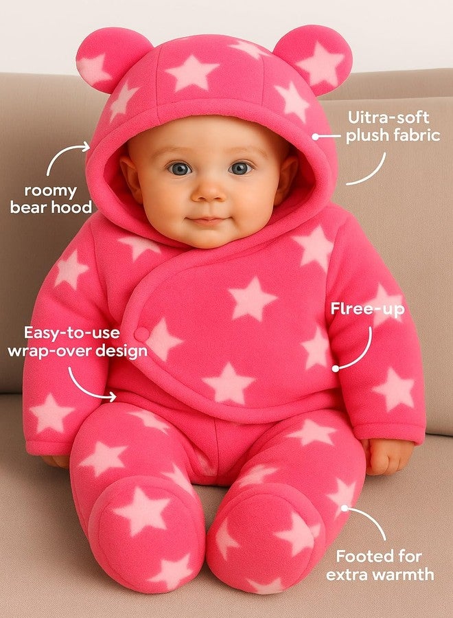 BLESS BERRIES Sherpa Star Print Baby Blanket with Hood & Foot Covering - Ultra-Soft Warm Fleece Swaddle for Newborns & Infants | Winter Wearable Blanket Size 76 * 68 cm (Pink) - Image 3