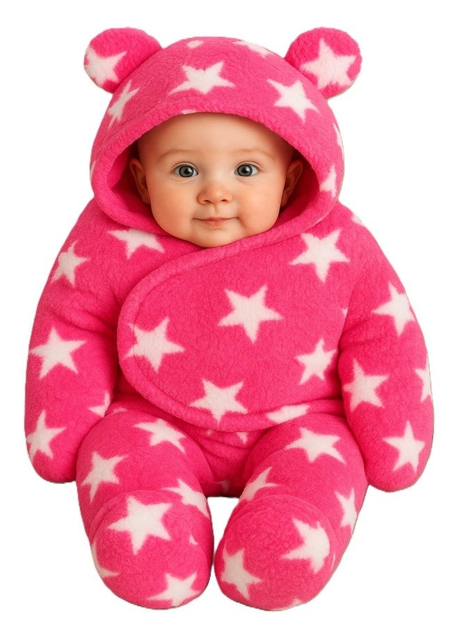 BLESS BERRIES Sherpa Star Print Baby Blanket with Hood & Foot Covering - Ultra-Soft Warm Fleece Swaddle for Newborns & Infants | Winter Wearable Blanket Size 76 * 68 cm (Pink) - Image 1