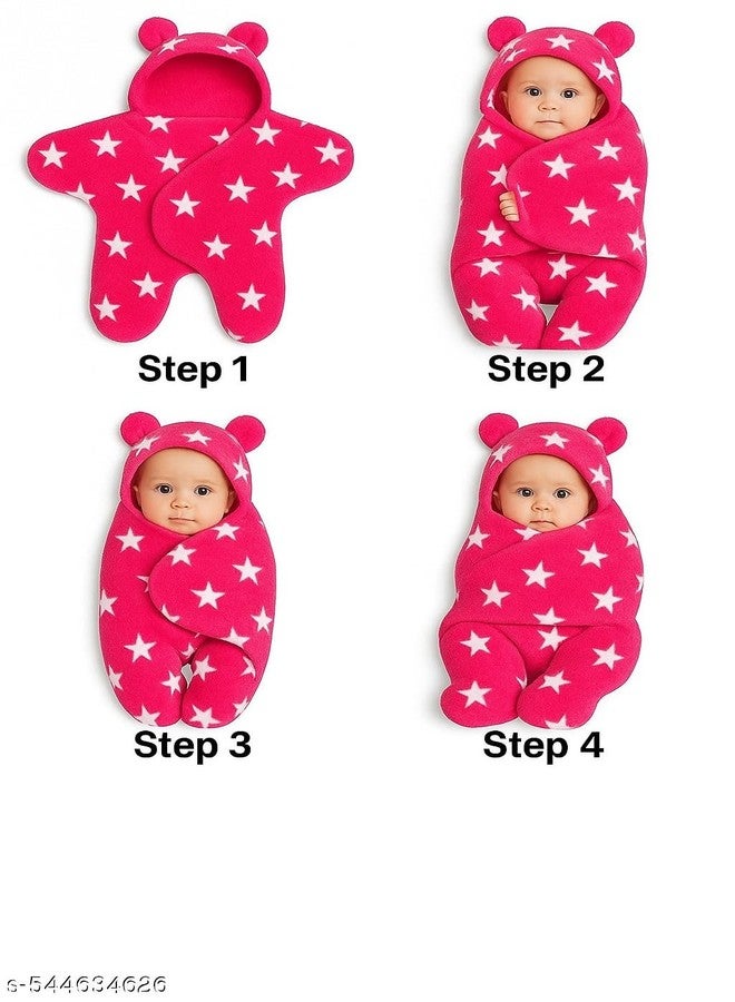 BLESS BERRIES Sherpa Star Print Baby Blanket with Hood & Foot Covering - Ultra-Soft Warm Fleece Swaddle for Newborns & Infants | Winter Wearable Blanket Size 76 * 68 cm (Pink) - Image 2