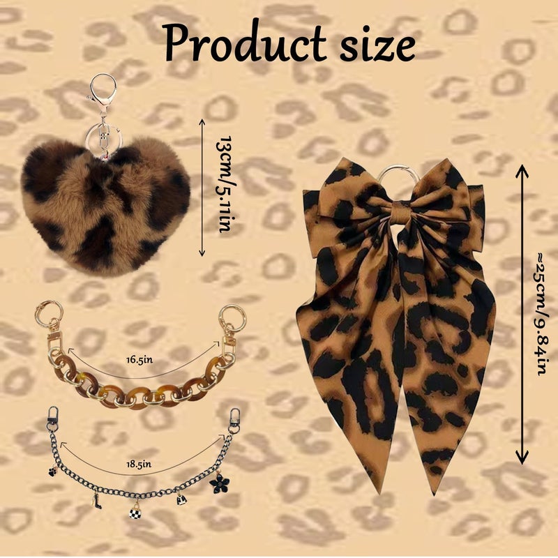 CuddleJunk Bag Charms for Tote Bags, Satin Bow Keychain Kit Accessories for Yeti Camino Bogg Bag, Fluffy Ball Gold Chains Charms for Bog Bag Beach Bag (Leopard Print) - Image 2