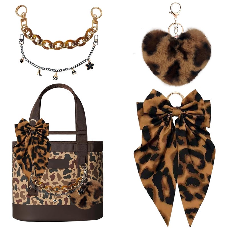 CuddleJunk Bag Charms for Tote Bags, Satin Bow Keychain Kit Accessories for Yeti Camino Bogg Bag, Fluffy Ball Gold Chains Charms for Bog Bag Beach Bag (Leopard Print) - Image 1