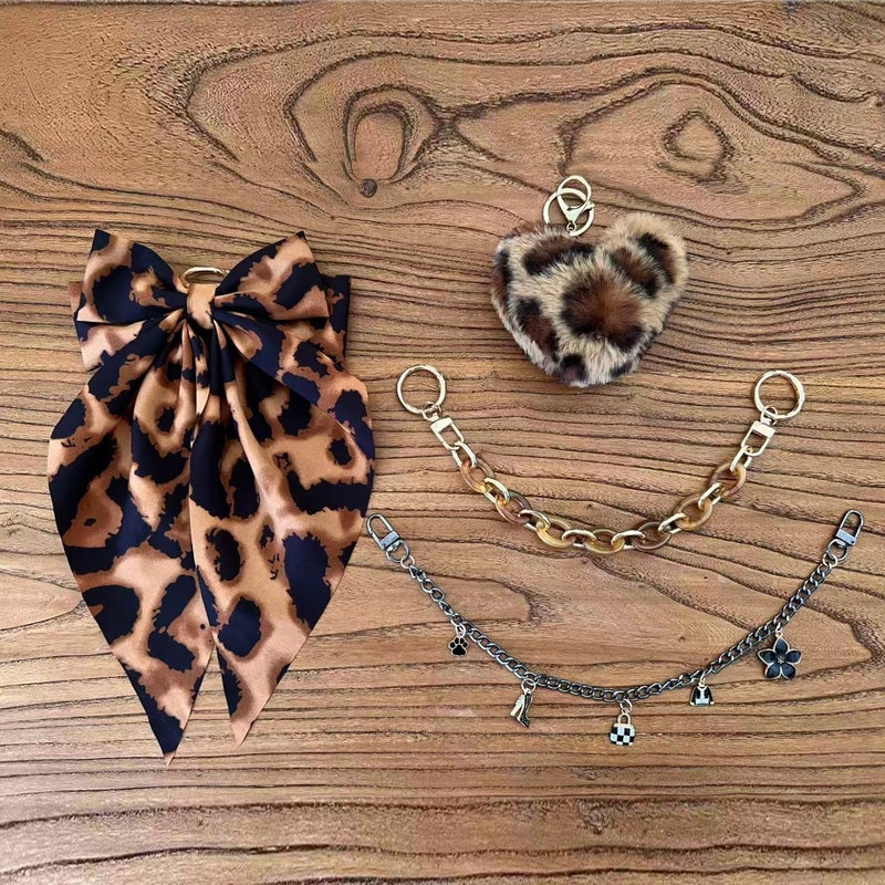 CuddleJunk Bag Charms for Tote Bags, Satin Bow Keychain Kit Accessories for Yeti Camino Bogg Bag, Fluffy Ball Gold Chains Charms for Bog Bag Beach Bag (Leopard Print) - Image 3