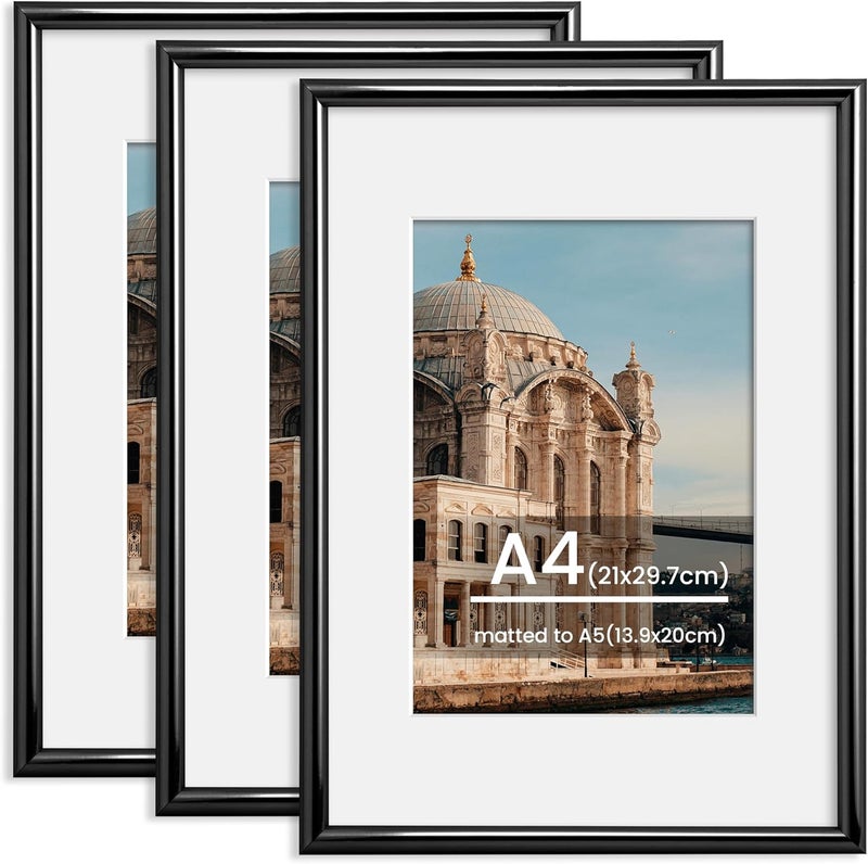 FLYJOE A4 Picture Frame, Display Pictures 6x8 with Mat or 8.3 x 11.7 Without Mat, Wall and Tabletop Display Photo Frame, Black, 3 Pack - Image 1