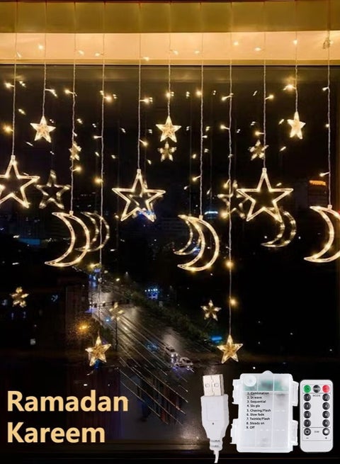 3.5M أضواء رمضان الديكورية بشكل نجوم وقمر LED ليلية مزينة بنجوم مضيئة لتزيين المنزل في رمضان والحفلات، مدعومة بصندوق بطارية (لون أبيض دافئ) مع 8 وضعيات للإعدادات.
