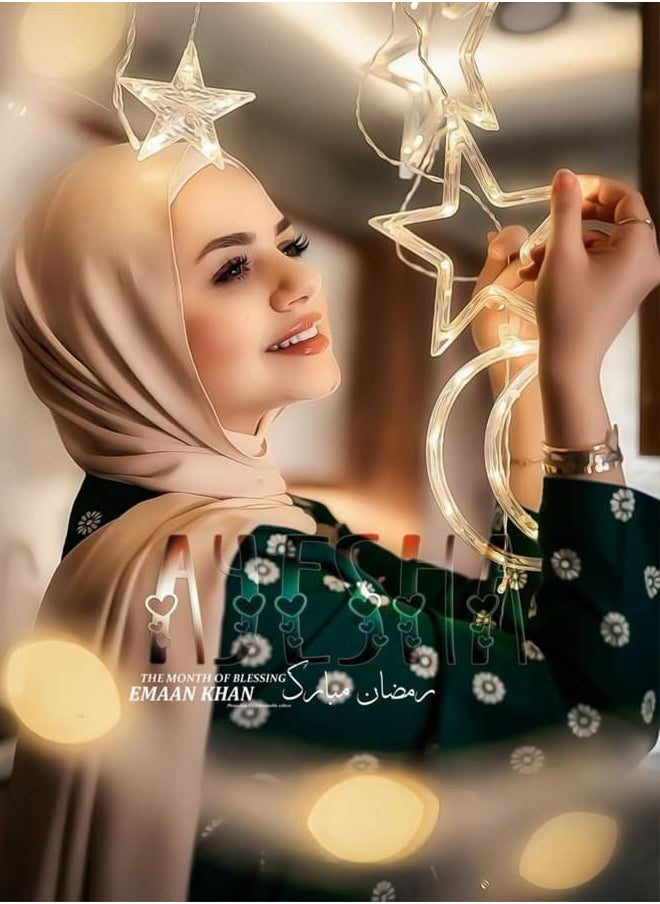 صورة العالمة 3.5M أضواء رمضان الديكورية بشكل نجوم وقمر LED ليلية مزينة بنجوم مضيئة لتزيين المنزل في رمضان والحفلات، مدعومة بصندوق بطارية (لون أبيض دافئ) مع 8 وضعيات للإعدادات.  - Image 4