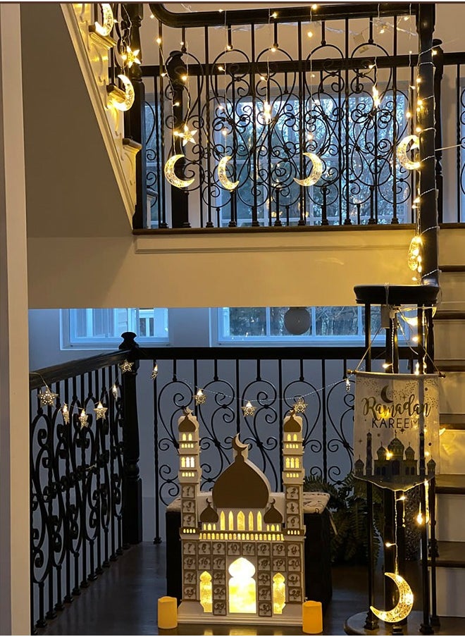 صورة العالمة 3.5M أضواء رمضان الديكورية بشكل نجوم وقمر LED ليلية مزينة بنجوم مضيئة لتزيين المنزل في رمضان والحفلات، مدعومة بصندوق بطارية (لون أبيض دافئ) مع 8 وضعيات للإعدادات.  - Image 5