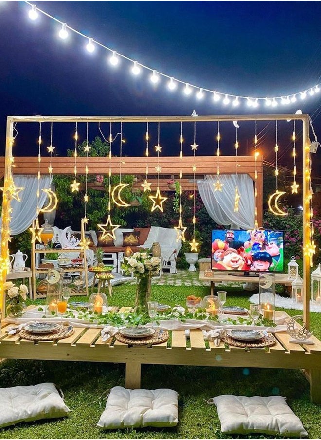 صورة العالمة - 3.5M أضواء رمضان الديكورية بشكل نجوم وقمر LED ليلية مزينة بنجوم مضيئة لتزيين المنزل في رمضان والحفلات، مدعومة بصندوق بطارية (لون أبيض دافئ) مع 8 وضعيات للإعدادات. - Image 1
