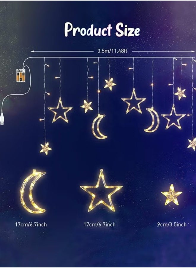 صورة العالمة - 3.5M أضواء رمضان الديكورية بشكل نجوم وقمر LED ليلية مزينة بنجوم مضيئة لتزيين المنزل في رمضان والحفلات، مدعومة بصندوق بطارية (لون أبيض دافئ) مع 8 وضعيات للإعدادات. - Image 1