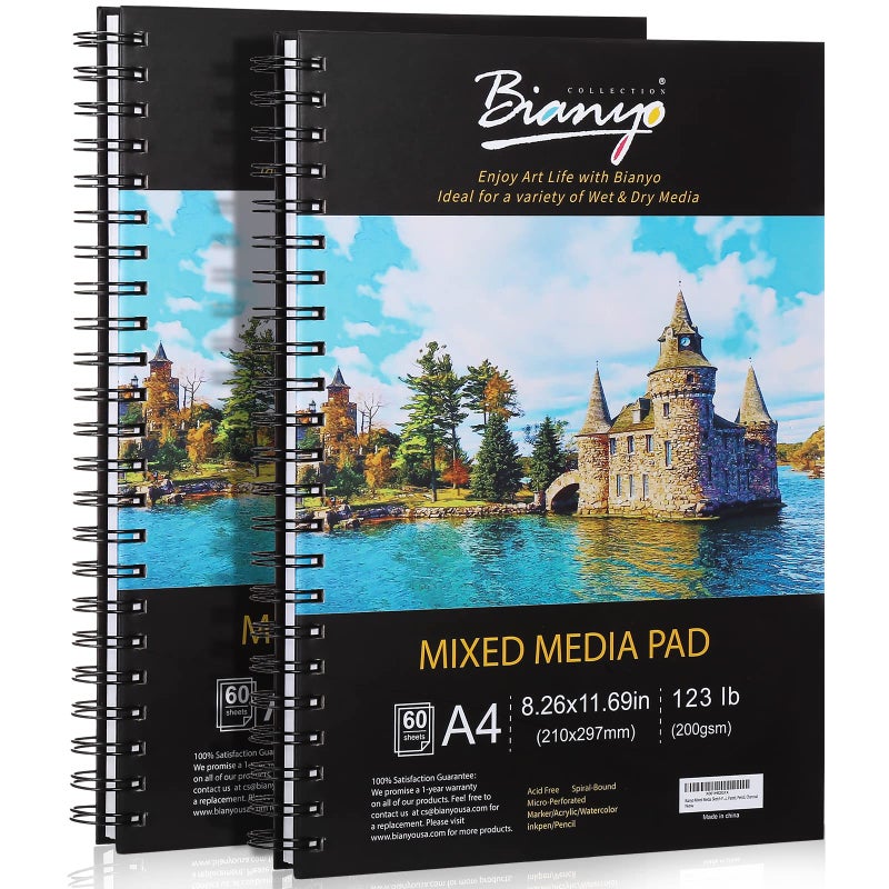 Bianyo Mixed Media Paper Sketchbook, A4 (8.26" X 11.69"), 60 Sheets/Each, 123 LB/200 GSM, Pack of 2 Pads, Spiral-Bound Pad, Ideal for Wet & Dry Media Like Marker, Watercolor, Acrylic, Pastel, Pencil - Image 1