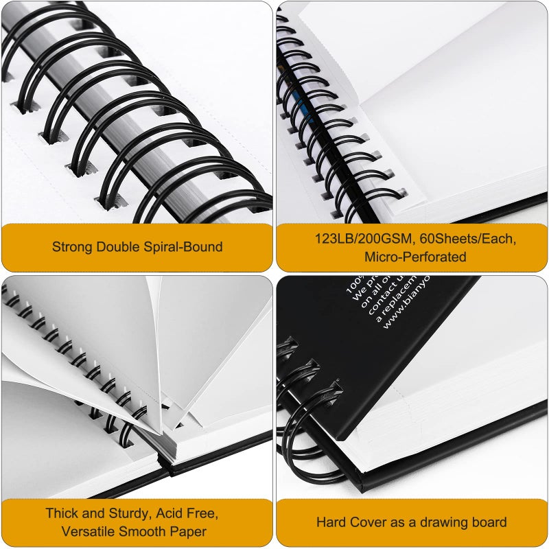 Bianyo Mixed Media Paper Sketchbook, A4 (8.26" X 11.69"), 60 Sheets/Each, 123 LB/200 GSM, Pack of 2 Pads, Spiral-Bound Pad, Ideal for Wet & Dry Media Like Marker, Watercolor, Acrylic, Pastel, Pencil - Image 4