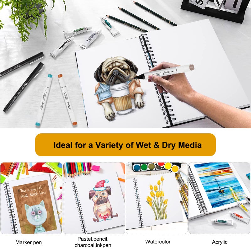 Bianyo Mixed Media Paper Sketchbook, A4 (8.26" X 11.69"), 60 Sheets/Each, 123 LB/200 GSM, Pack of 2 Pads, Spiral-Bound Pad, Ideal for Wet & Dry Media Like Marker, Watercolor, Acrylic, Pastel, Pencil - Image 2