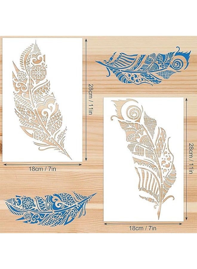 6 Pcs Mandala Feather Stencil, Reusable PET Drawing Stencils, Art Painting Templates Stencils Set for Painting on Wood, DIY Wall Floor Decor Supplies (White) - Image 2
