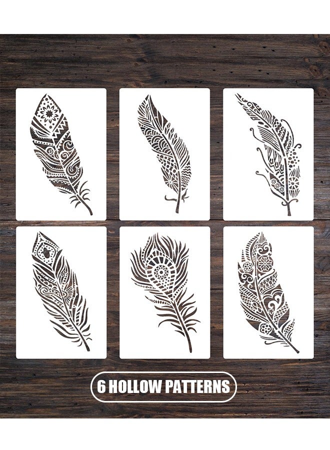 6 Pcs Mandala Feather Stencil, Reusable PET Drawing Stencils, Art Painting Templates Stencils Set for Painting on Wood, DIY Wall Floor Decor Supplies (White) - Image 1