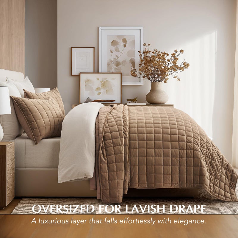 EVERGRACEHOME EVERGRACE Pearl Velvet Quilt King Size Bedding Sets, Luxurious Soft Velvet Comforter Set, Lightweight Box Stitching Oversized Bedspread Coverlet for All Season, with 2 Shams, Camel - Image 3