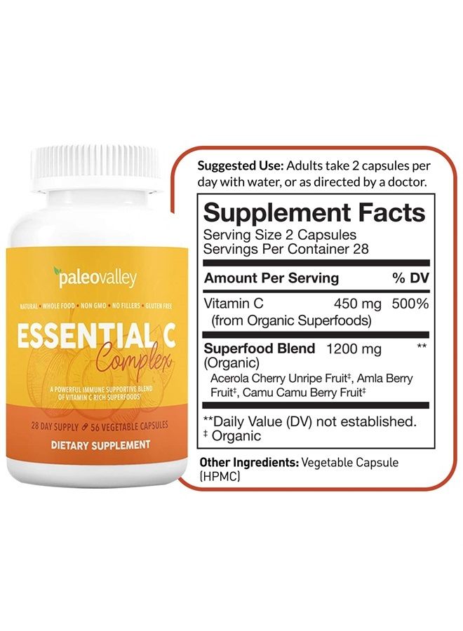 Paleovalley مركب فيتامين سي الأساسي - مكمل فيتامين سي لدعم المناعة - عبوة واحدة، 450 مجم - أطعمة خارقة عضوية من الكرز الأسيولا غير الناضج، والكامو كامو، وتوت الأملا - بدون حمض الأسكوربيك الصناعي - صنع في الولايات المتحدة الأمريكية - Image 2