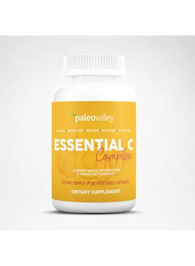 Paleovalley Essential C Complex - Vitamin C Supplement for Immune Support - 1 Pack, 450mg - Organic Superfoods Unripe Acerola Cherry, Camu Camu, Amla Berry - No Synthetic Ascorbic Acid - USA Made - Image 1