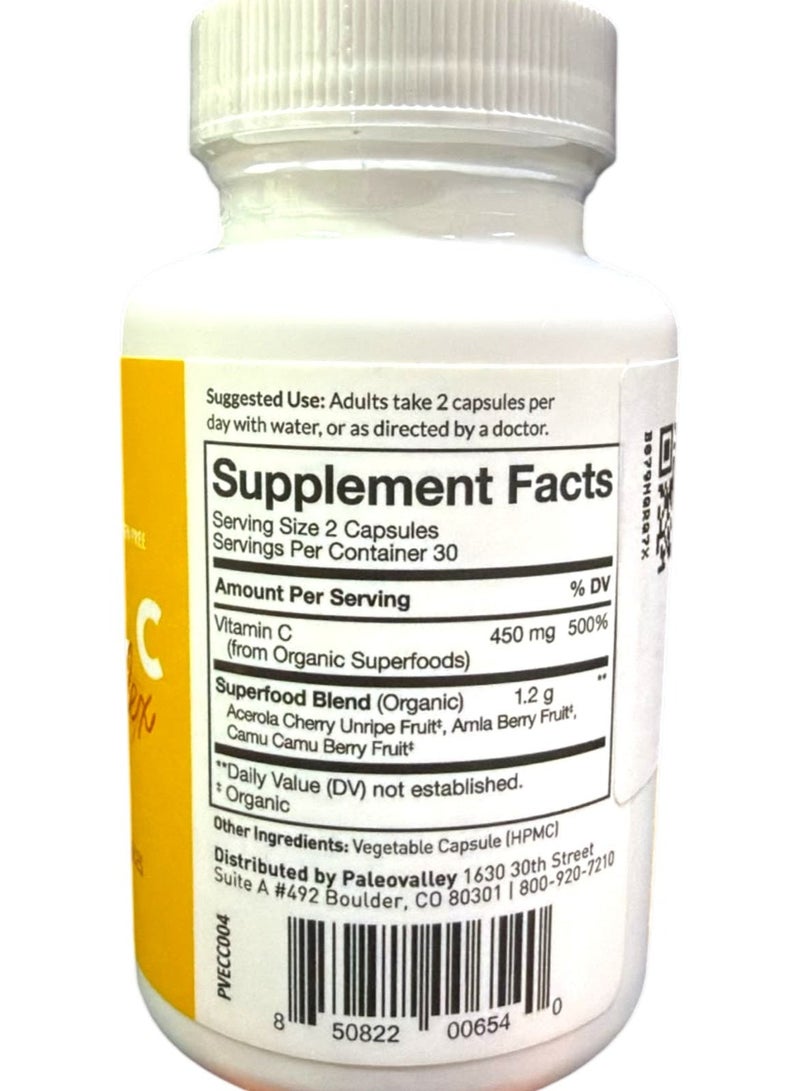 Paleovalley Essential C Complex - Vitamin C Supplement for Immune Support - 1 Pack, 450mg - Organic Superfoods Unripe Acerola Cherry, Camu Camu, Amla Berry - No Synthetic Ascorbic Acid - USA Made - Image 2