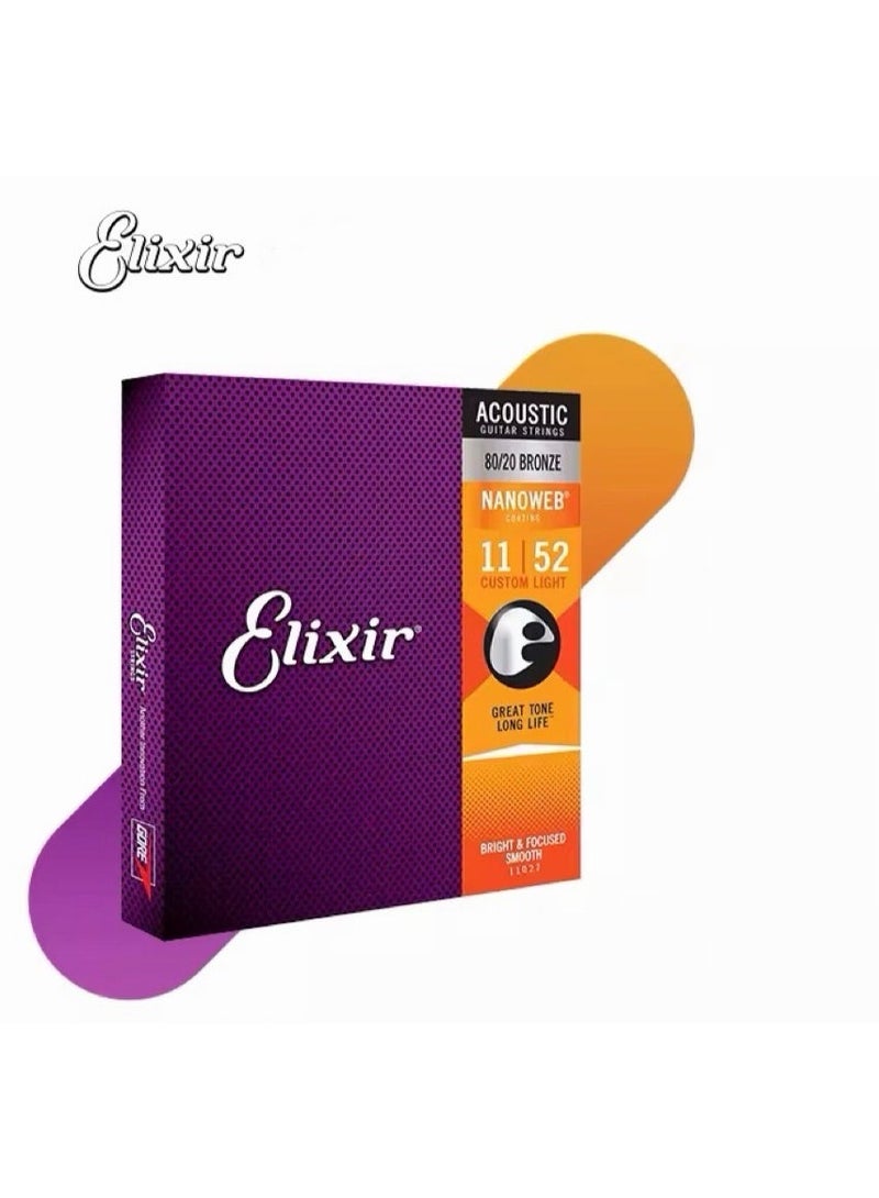 ELIXIR 6PCS Acoustic Guitar Strings by Elixir, 80/20 Bronze NANOWEB Coating, Light 11–52, Bright Tone & Long Life - Image 1