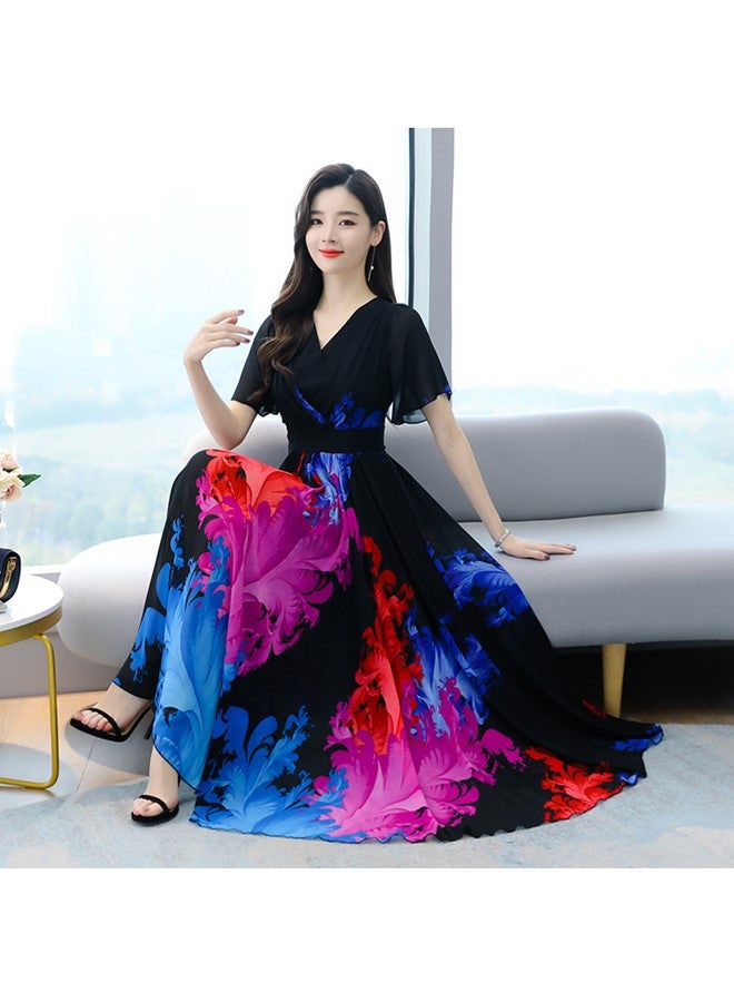 We Happy Womens V Neck Maxi Dress, Floral Chiffon Summer Beach Boho Long Dress for Wedding, Party, Prom, Vacation - Elegant Slim Fit Ruffle Hem Gown  - Image 1