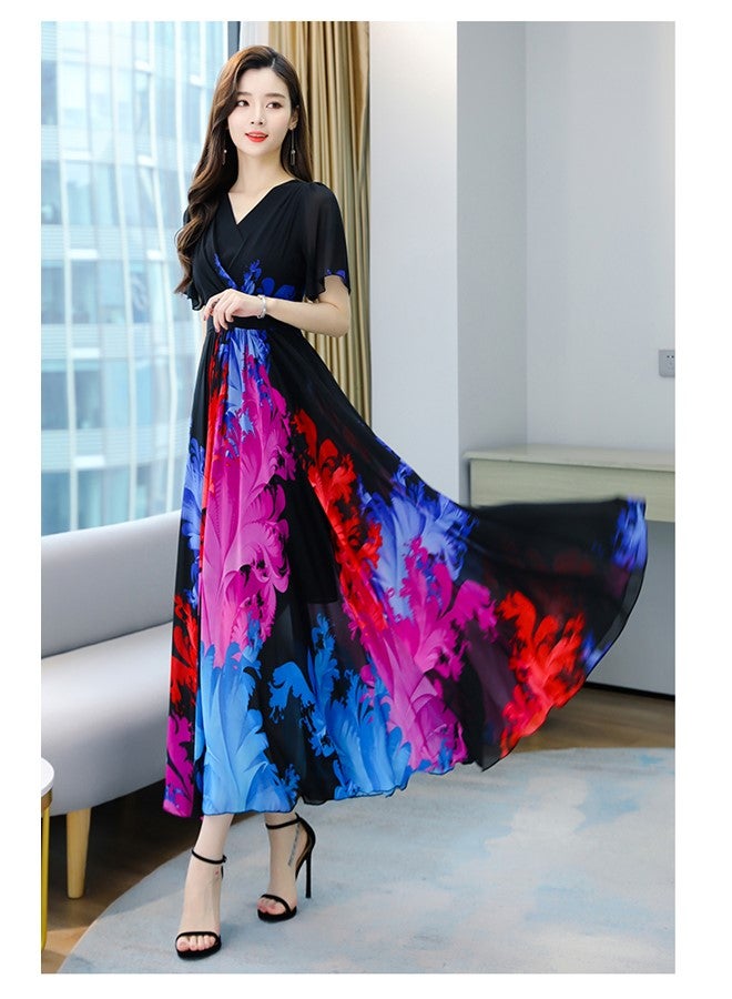 We Happy Womens V Neck Maxi Dress, Floral Chiffon Summer Beach Boho Long Dress for Wedding, Party, Prom, Vacation - Elegant Slim Fit Ruffle Hem Gown  - Image 3