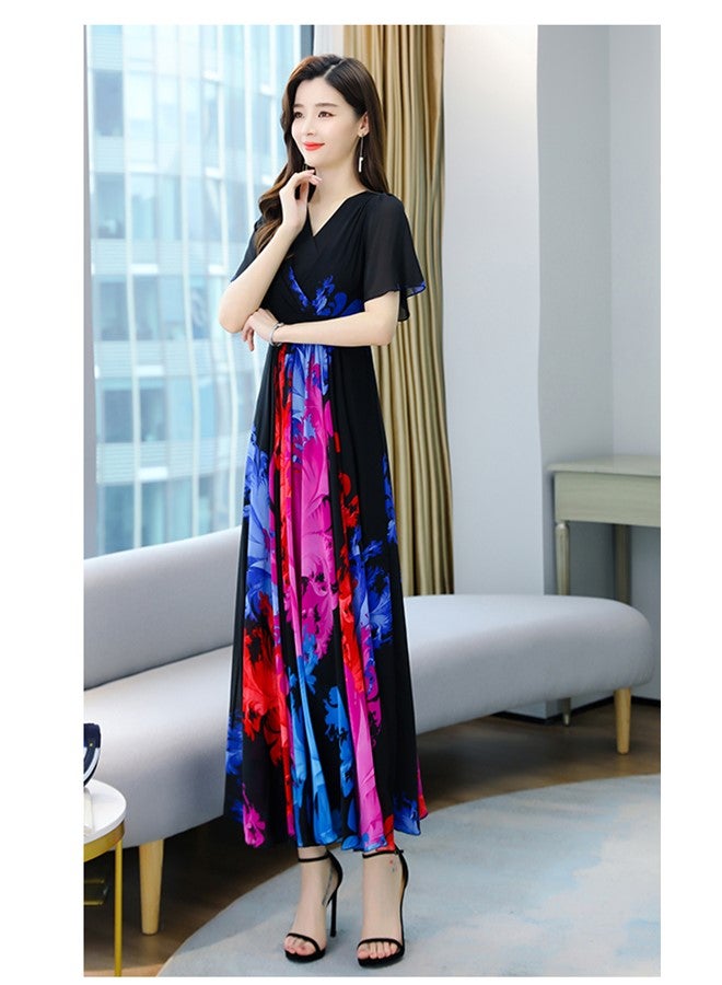 We Happy Womens V Neck Maxi Dress, Floral Chiffon Summer Beach Boho Long Dress for Wedding, Party, Prom, Vacation - Elegant Slim Fit Ruffle Hem Gown  - Image 4