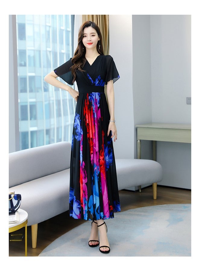 We Happy Womens V Neck Maxi Dress, Floral Chiffon Summer Beach Boho Long Dress for Wedding, Party, Prom, Vacation - Elegant Slim Fit Ruffle Hem Gown  - Image 2