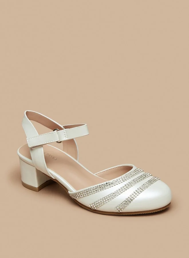 Flora Bella By Shoexpress Girl's Stone Embellished Block Heel Shoe With Hook And Loop Closure Ramadan Collection