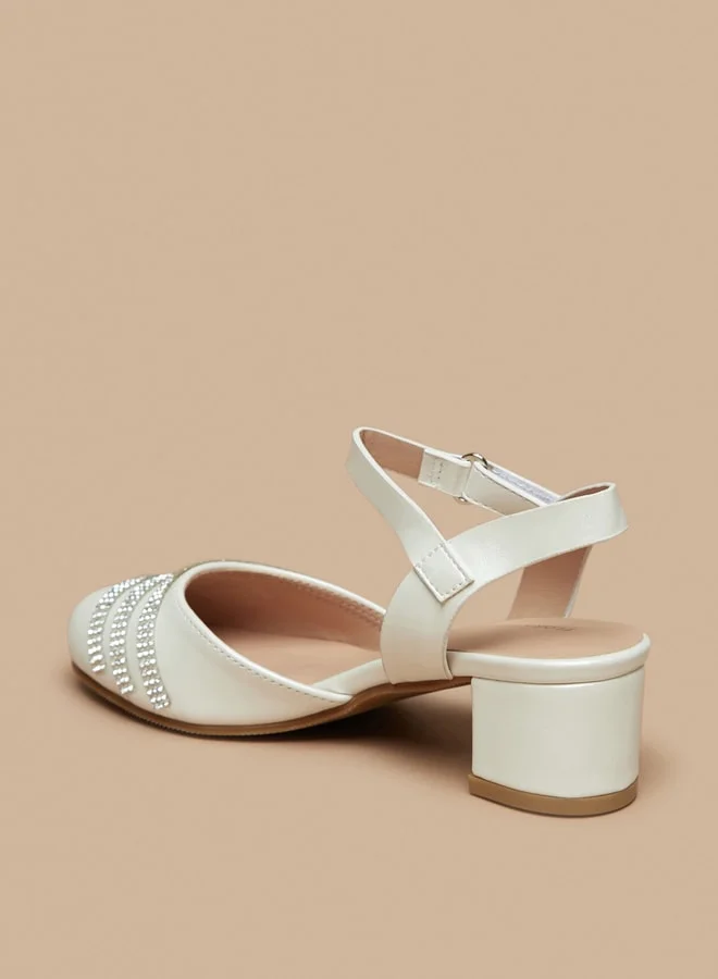 Flora Bella By Shoexpress Girl's Stone Embellished Block Heel Shoe With Hook And Loop Closure Ramadan Collection