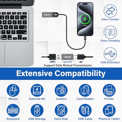 Togconn USB to USB C Adapter 2 Pack, Bi-Directional USB Type-C (Female) to USB Type-A (Female) On-The-Go (OTG) Converter Connector Support Charging & Data Sync for Laptop, PC, iPhone, MacBook Pro - Image 2