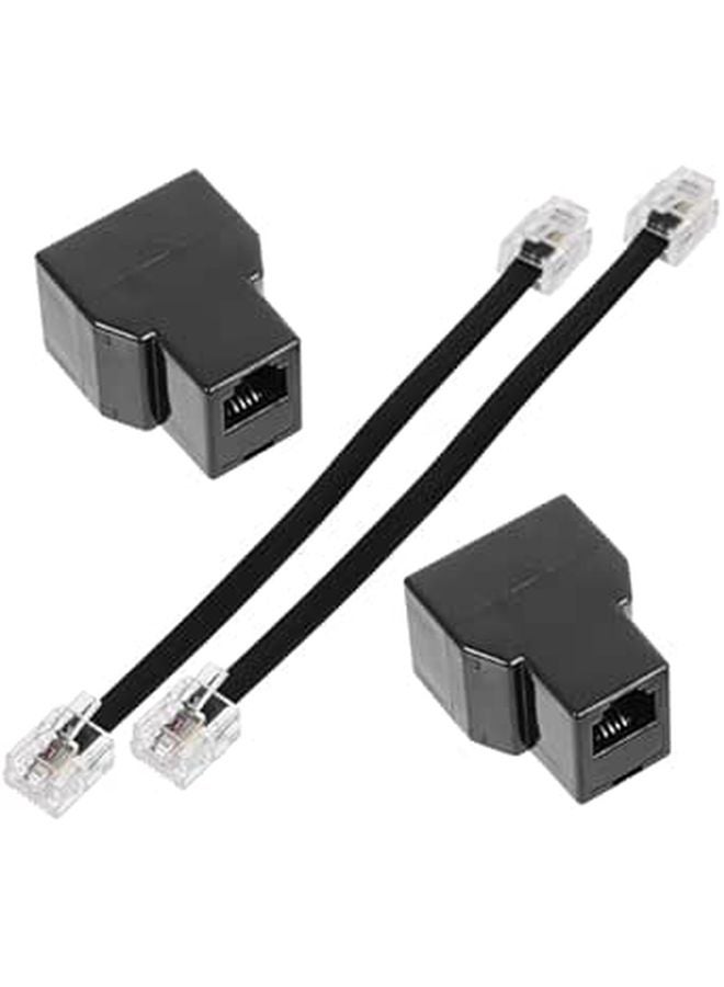 RJ11 RJ14 4 Core Phone Splitter Adapter with Detachable Cable for Landline Telephone Black - Image 1