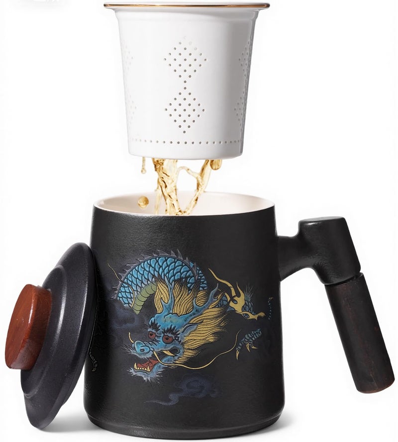 Foinly Porcelain Tea Cup with Infuser and Lid,Ceramic Tea Mug for Loose Leaf,Tea Strainer Cup with Wood Handle,Chinese Dragon Black Cup,All Ceramic Infuser,BPA-Free for Tea Lovers/Birthday/Valentine's Day - Image 1