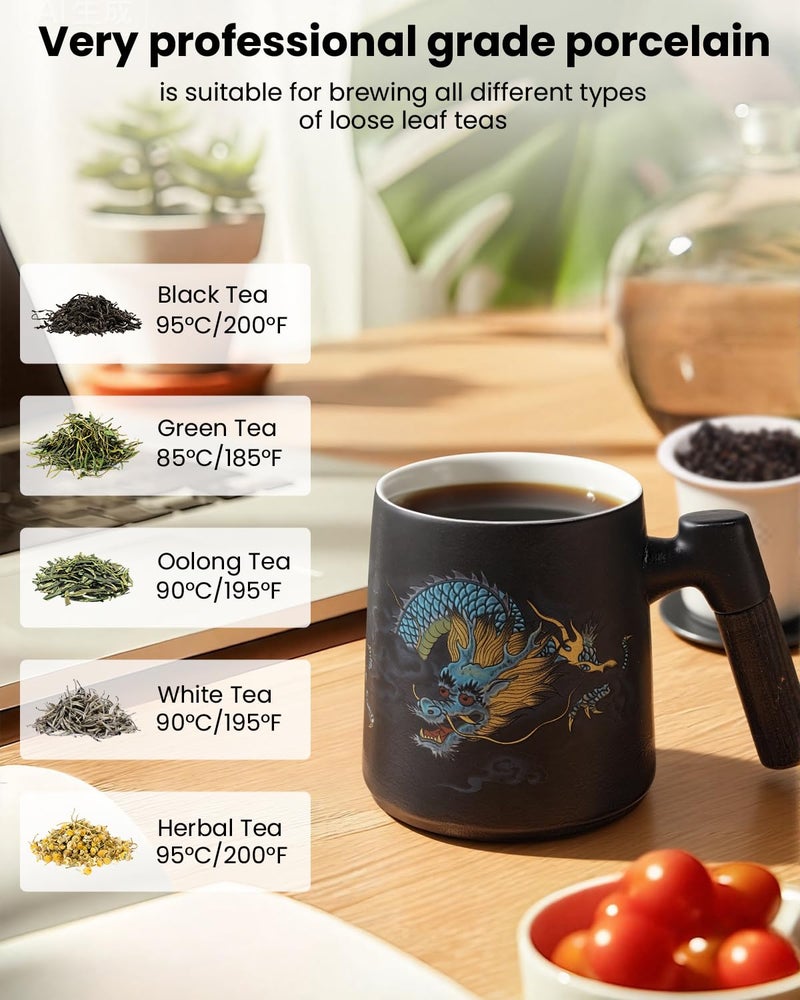Foinly Porcelain Tea Cup with Infuser and Lid,Ceramic Tea Mug for Loose Leaf,Tea Strainer Cup with Wood Handle,Chinese Dragon Black Cup,All Ceramic Infuser,BPA-Free for Tea Lovers/Birthday/Valentine's Day - Image 3
