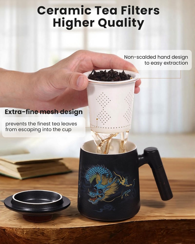 Foinly Porcelain Tea Cup with Infuser and Lid,Ceramic Tea Mug for Loose Leaf,Tea Strainer Cup with Wood Handle,Chinese Dragon Black Cup,All Ceramic Infuser,BPA-Free for Tea Lovers/Birthday/Valentine's Day - Image 2