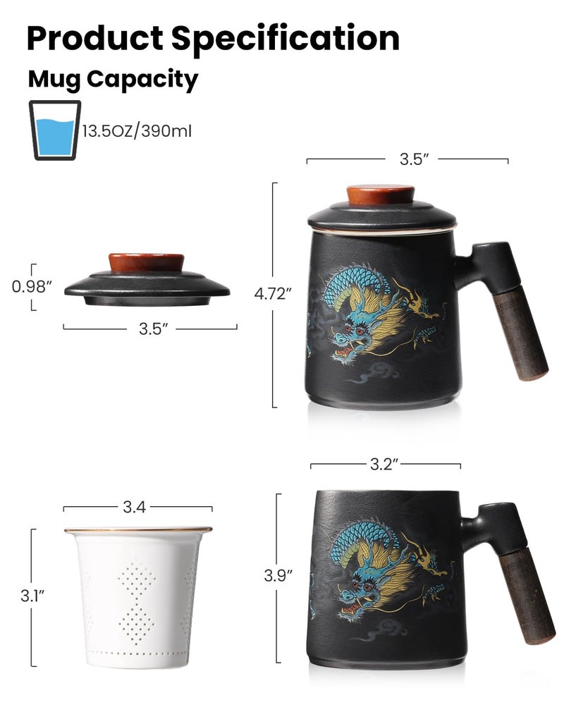 Foinly Porcelain Tea Cup with Infuser and Lid,Ceramic Tea Mug for Loose Leaf,Tea Strainer Cup with Wood Handle,Chinese Dragon Black Cup,All Ceramic Infuser,BPA-Free for Tea Lovers/Birthday/Valentine's Day - Image 4