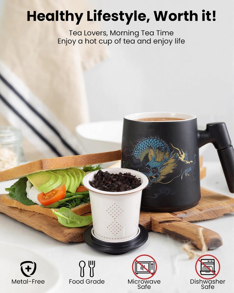 Foinly Porcelain Tea Cup with Infuser and Lid,Ceramic Tea Mug for Loose Leaf,Tea Strainer Cup with Wood Handle,Chinese Dragon Black Cup,All Ceramic Infuser,BPA-Free for Tea Lovers/Birthday/Valentine's Day - Image 5
