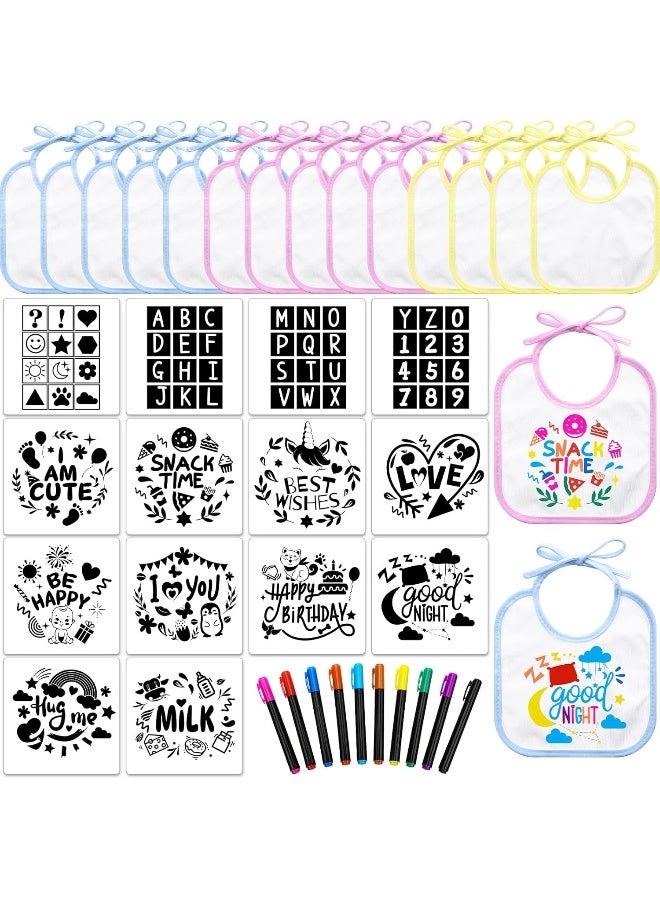 Jutom Jutom 38 Pcs DIY Baby Bibs Decorating Kit 14 Bibs 14 Stencils 10 Fabric Markers 2 Ply Feeder Bibs Design Bib for Shower Games  - Image 1