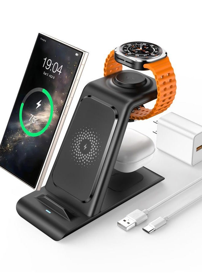 Aresh 3 in 1 Wireless Charging Station for Samsung Wireless Charger for Galaxy Watch 7/6/5/Pro/4, Galaxy S25/Ultra/S25+/S24/S23/Note 20/10/Z Flip 6/5 Fold 6/5 Galaxy Buds 3/2/Pro/Live Multiple Devices - Image 1