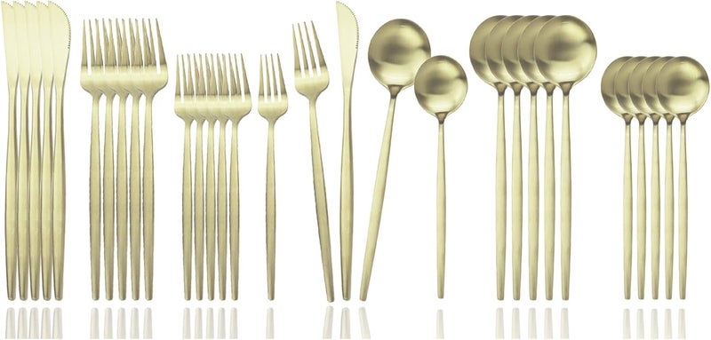JASHII Flatware Silverware Set Stainless Steel Satin Finish Cutlery Set Service for 6 30Piece Spoons And Forks Kitchen Utensil Set Dishwasher Safe Matte Champagne gold - Image 1