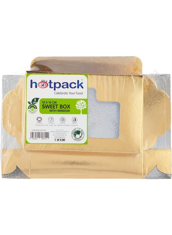 Hotpack Disposable Sweet Box, Gift Box, Party Box, Aluminium/Gold with Window 15x10cm, 5 Pieces - Image 1