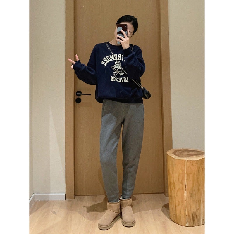 Autumn and Winter New Letter Round Neck Korean Style Niche Casual Couples Sweatshirt Womens Ins Lazy Style Design Sense Coat Trendy Navy blue - Image 1