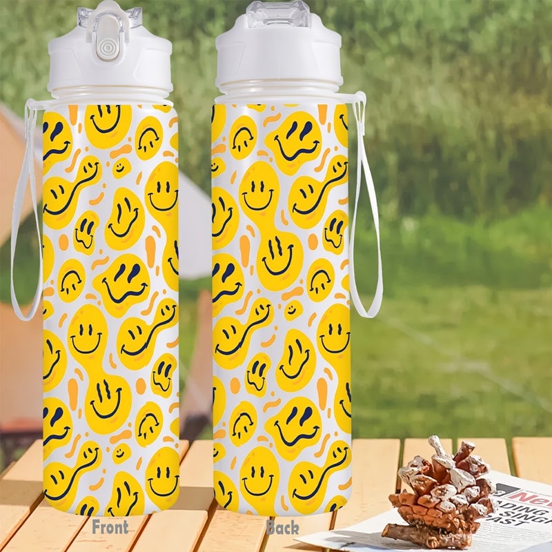 1 pc 26 oz / 760 ml Sports Water Bottle with Straw, Bright Yellow Smiley Face Design, for Gym, Outdoor, Party and Holiday Celebrations - Image 2