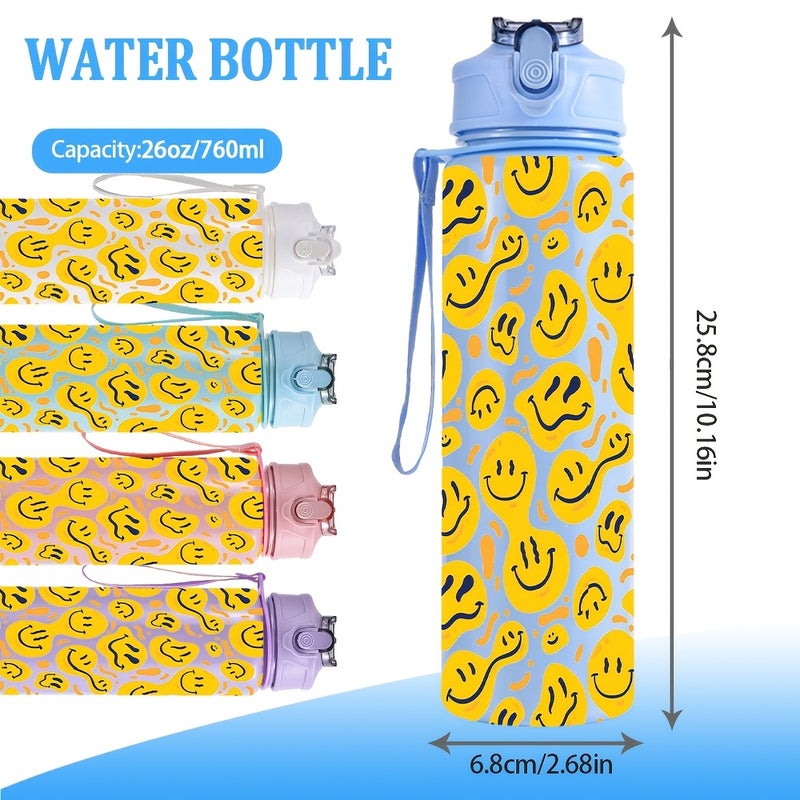 1 pc 26 oz / 760 ml Sports Water Bottle with Straw, Bright Yellow Smiley Face Design, for Gym, Outdoor, Party and Holiday Celebrations - Image 3