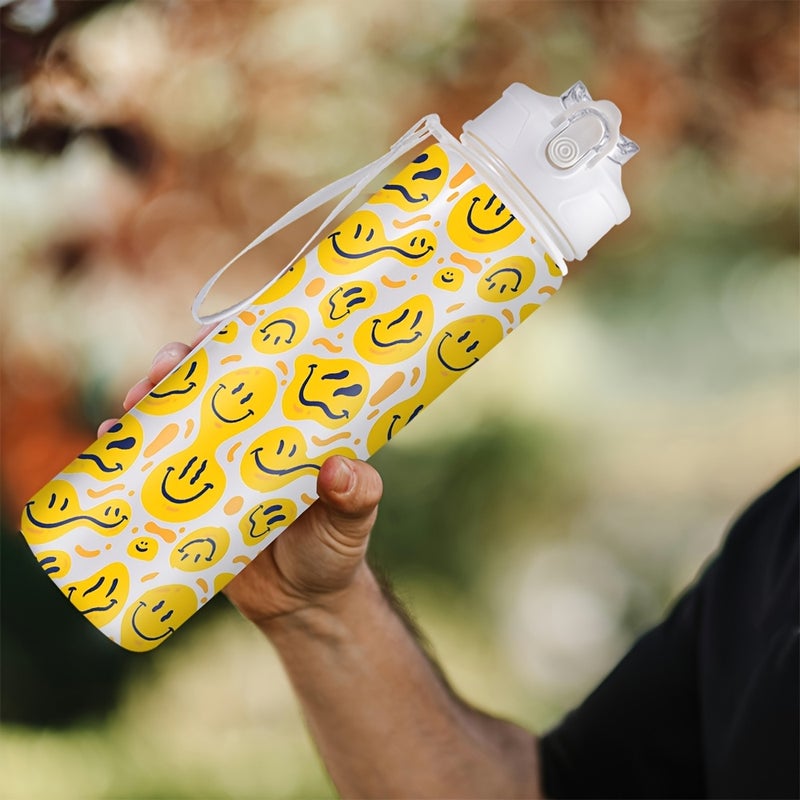 1 pc 26 oz / 760 ml Sports Water Bottle with Straw, Bright Yellow Smiley Face Design, for Gym, Outdoor, Party and Holiday Celebrations - Image 4