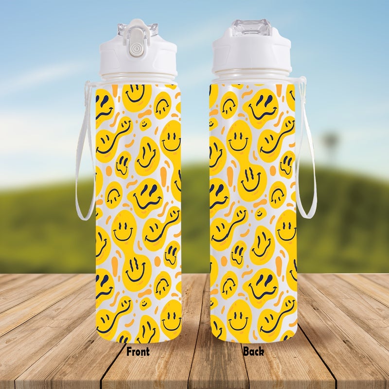 1 pc 26 oz / 760 ml Sports Water Bottle with Straw, Bright Yellow Smiley Face Design, for Gym, Outdoor, Party and Holiday Celebrations - Image 1
