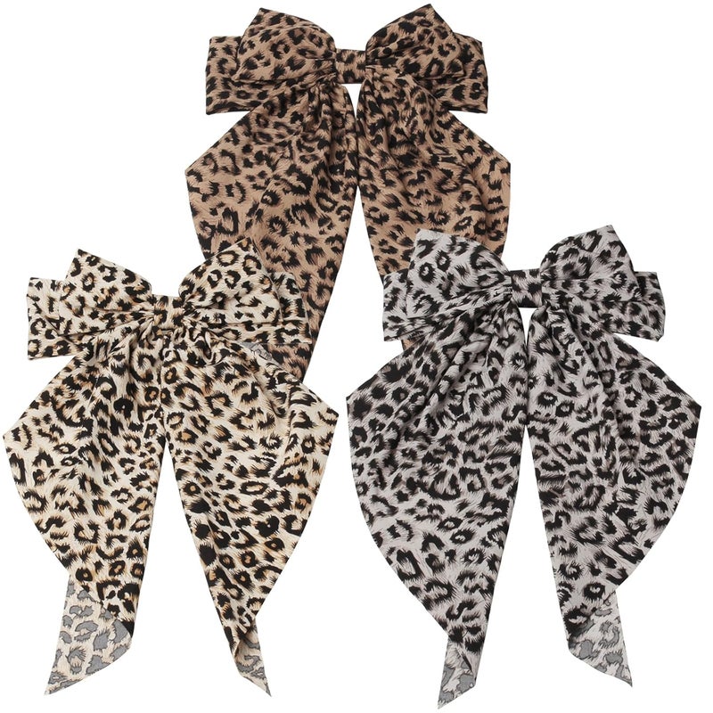 Leopard Print Hair Bow Clips  Large French Style Barrettes with Long Tails  Pack of 3